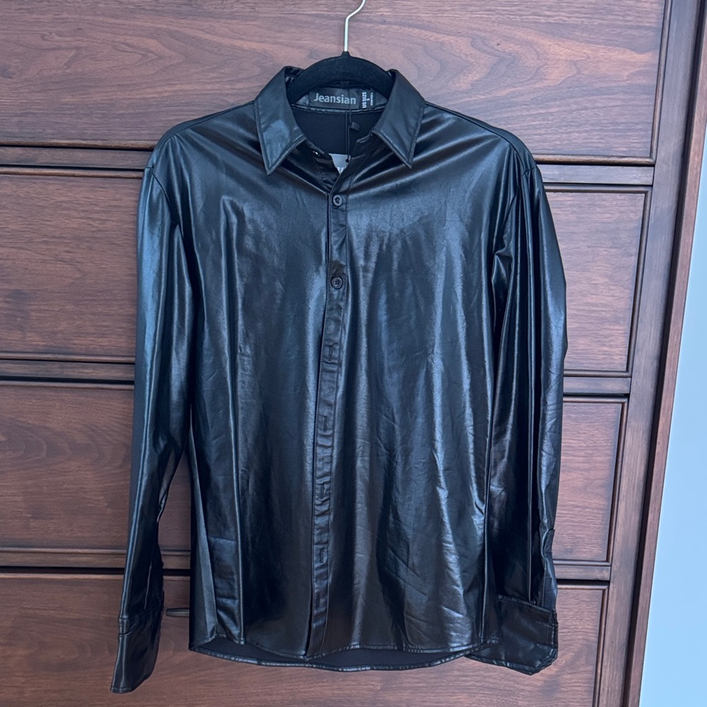 Black Faux Leather Button-Up Shirt, S, M